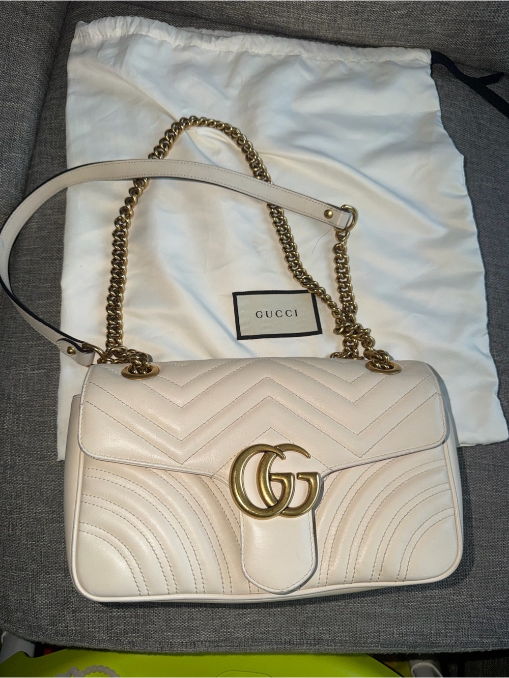 Gucci Cream Matelassé GG Marmont Shoulder Bag with Gold Hardware